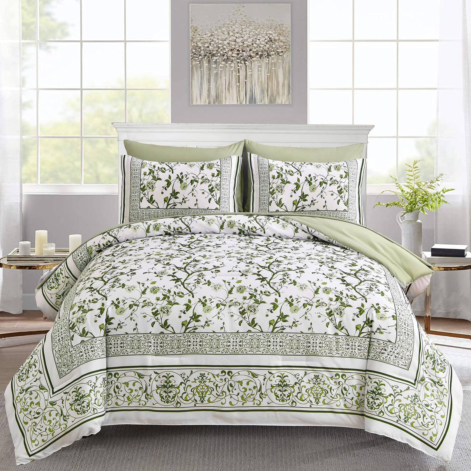 Dobuyly Floral Queen Comforter Set, 7 Piece Bed In A Bag Queen Size Green Flowers On White Botanical Bedding Set, Soft Microfibe